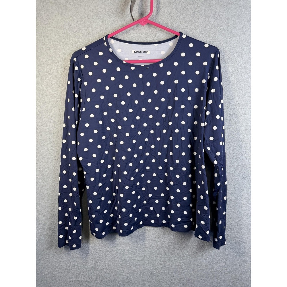 Lands' End Shirt Womens Large Blue Polka Dot Long Sleeve Swim Rash Guard
